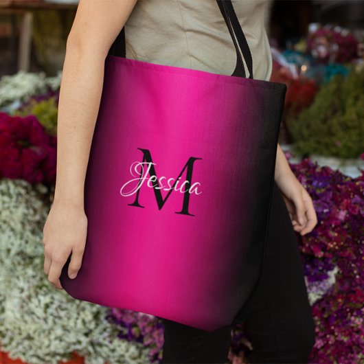 Deep Pink en Black Ombre Elegant Monogram Tote Bag