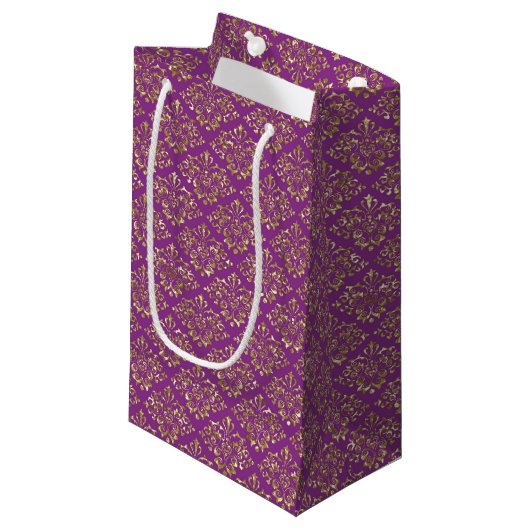 Deep Pink en Gold Damask Gift Bag Klein Cadeauzakje (Voorkant Gekanteld)