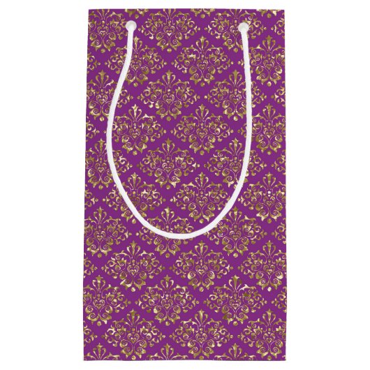 Deep Pink en Gold Damask Gift Bag Klein Cadeauzakje (Voorkant)