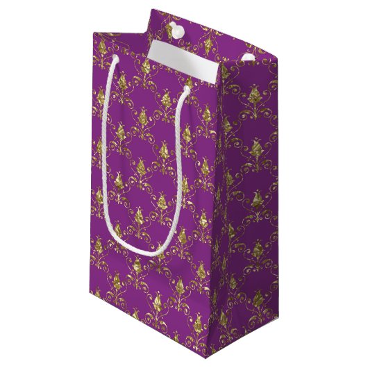 Deep Pink en Gold Damask Gift Bag Klein Cadeauzakje (Voorkant Gekanteld)