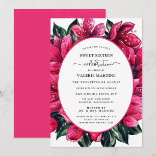 Deep Pink Floral Botanisch Sweet Sixteen Party Inv Kaart
