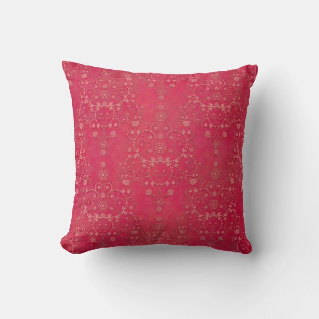 Deep Pink Floral Damask Patroon Kussen (Voorkant)