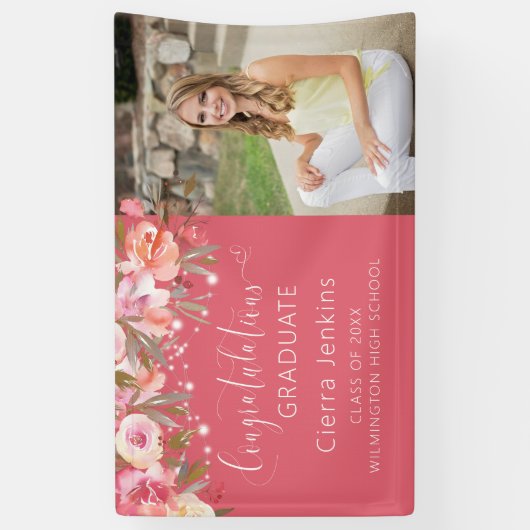 Deep Pink Floral String Light Afstuderen Banner (Verticaal)