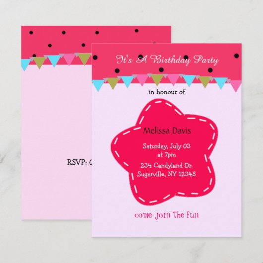 Deep Pink Flower and Stippen Birthday Invitation Kaart (Voorkant / Achterkant)