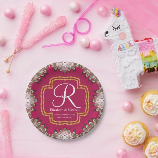 Deep Pink Gold Lacy Monogram Vibrant Energy Papieren Bordje (Feest)