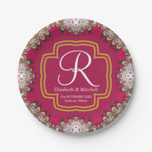 Deep Pink Gold Lacy Monogram Vibrant Energy Papieren Bordje