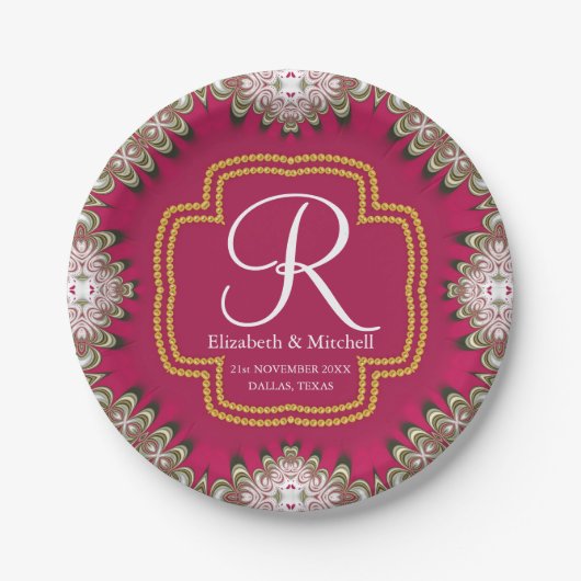 Deep Pink Gold Lacy Monogram Vibrant Energy Papieren Bordje (Voorkant)