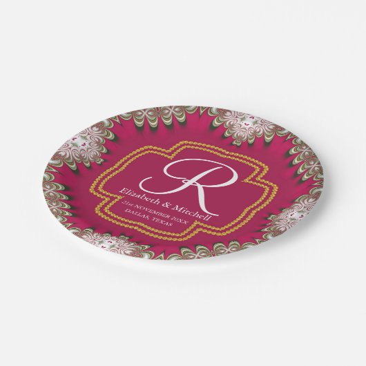 Deep Pink Gold Lacy Monogram Vibrant Energy Papieren Bordje (Gekanteld)