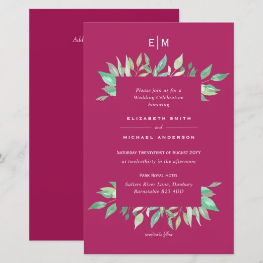 Deep Pink Greenery Leaves Budget Wedding nodigt ui (Voorkant / Achterkant)