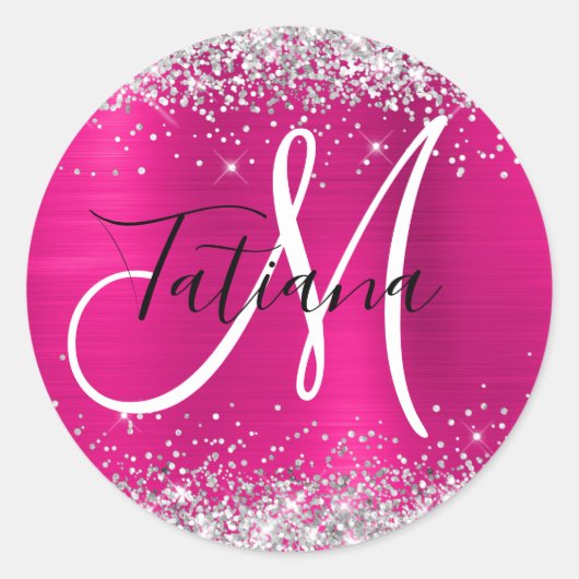 Deep Pink Ombre Folie Silver Glitter Monogram Ronde Sticker (Voorkant)