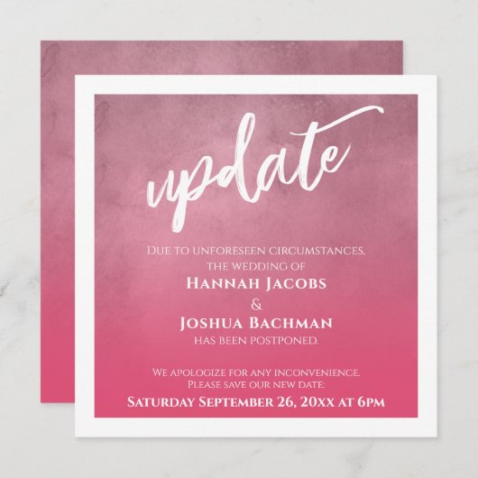 Deep Pink Ombre uitgestelde bruiloft update Kaart (Voorkant / Achterkant)