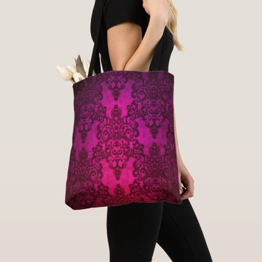 Deep Pink Paarse Fancy Floral Damask Tote Bag (Dichtbij)