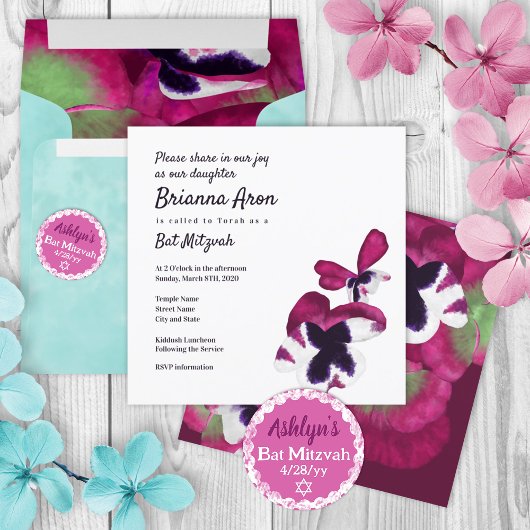 Deep Pink Pansies Bat Mitzvah Uitnodiging