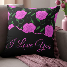 Deep Pink Roses On Black Love You Kussen