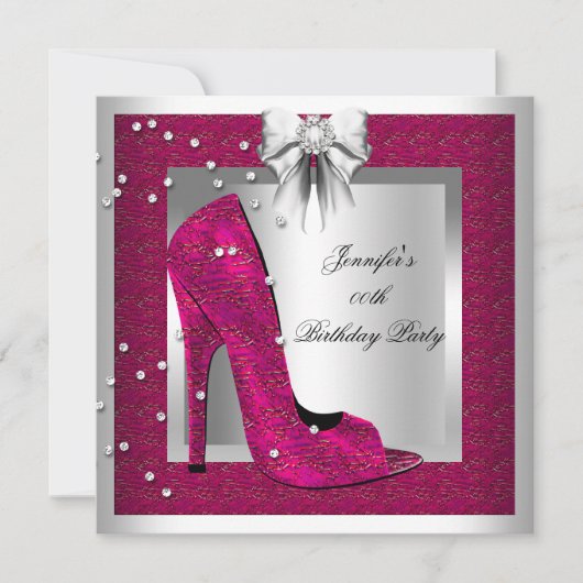 Deep Pink Silver High Hiel Shoe Birthday Party Kaart (Voorkant)
