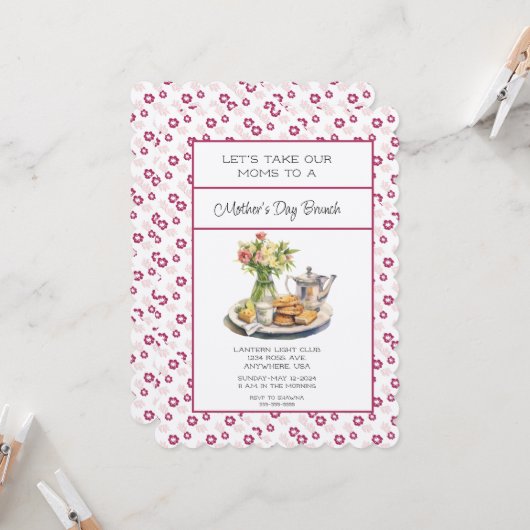 Deep Pink Spring Floral Moederdag Brunch Kaart (Voorkant / Achterkant in situ)