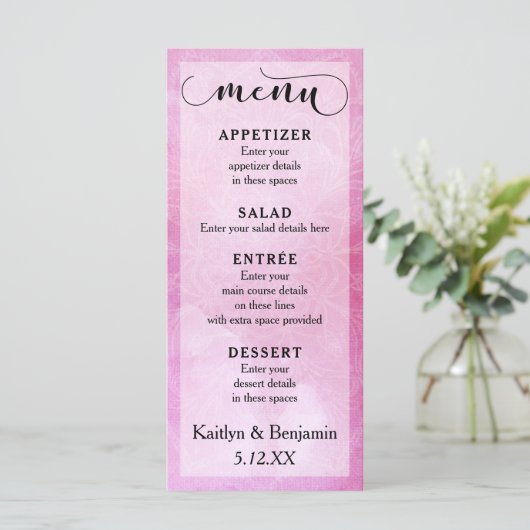 Deep Pink Waterverf & Mandala Bruiloft Menu (Staand voorkant)