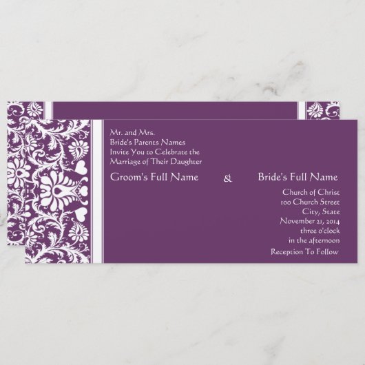Deep Plum Damask Swirls Wedding Invitation Kaart (Voorkant / Achterkant)