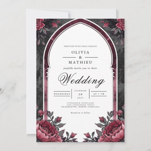 Deep Plum Floral Archway Wedding Kaart (Voorkant)