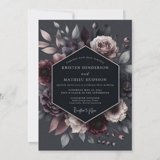 Deep Plum Floral Moody Wedding Kaart (Voorkant)
