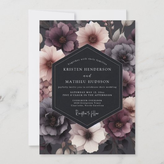 Deep Plum Floral Romance Wedding Kaart (Voorkant)