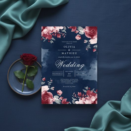 Deep Plum Floral Watercolour Wedding Kaart