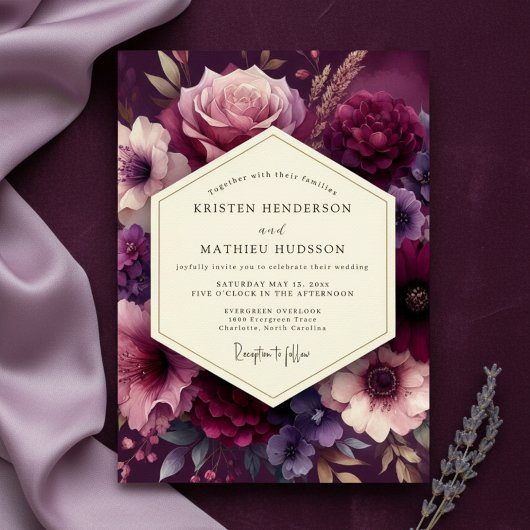 Deep Plum Lush Bloom Wedding Kaart