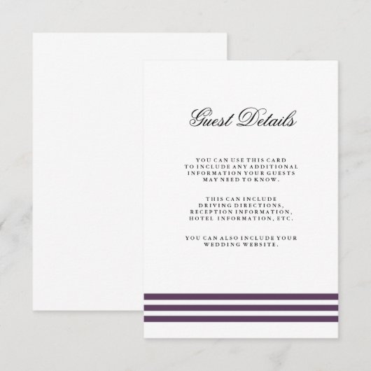 Deep Plum Stripes Wedding Guest Detail Informatiekaartje (Voorkant / Achterkant)