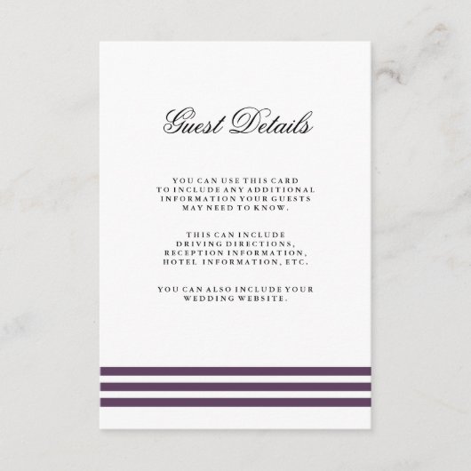 Deep Plum Stripes Wedding Guest Detail Informatiekaartje (Voorkant)