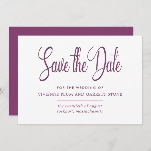 Deep Plum & White Kalligrafie Bewaar de Datum Save The Date (Voorkant / Achterkant)