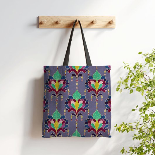Deep Purple and Gold Art Deco Floral Ornament Tote Bag