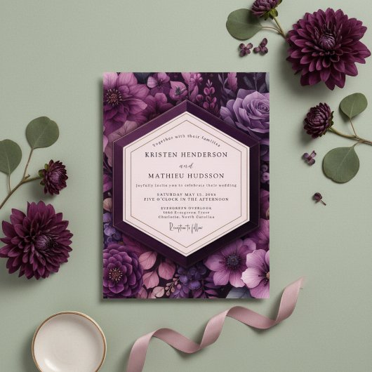 Deep Purple Floral Romance Wedding Kaart