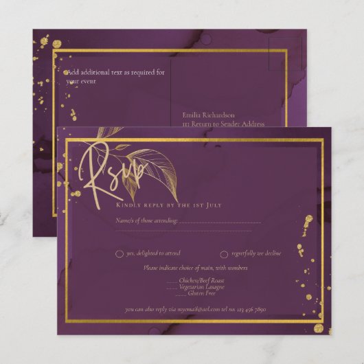 DEEP PURPLE GOLD LEAVES Huwelijksuitnodiging Briefkaart (Voorkant / Achterkant)