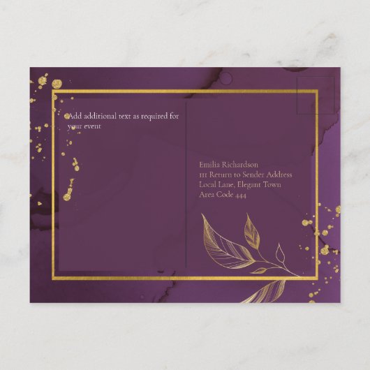 DEEP PURPLE GOLD LEAVES Huwelijksuitnodiging Briefkaart (Achterkant)