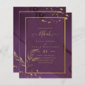 DEEP PURPLE GOUDE BLADEREN Huwelijksuitnodiging (Voorkant / Achterkant)