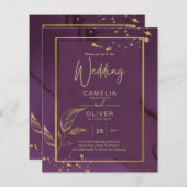 DEEP PURPLE GOUDE BLADEREN Huwelijksuitnodiging (Voorkant / Achterkant)