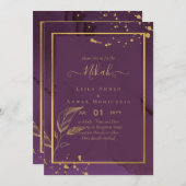 DEEP PURPLE Gouden Bladeren Trouw Uitnodiging (Voorkant / Achterkant)