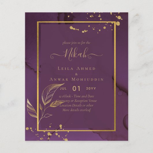 DEEP PURPLE Gouden Bladeren Trouw Uitnodiging Flyer (Voorkant)