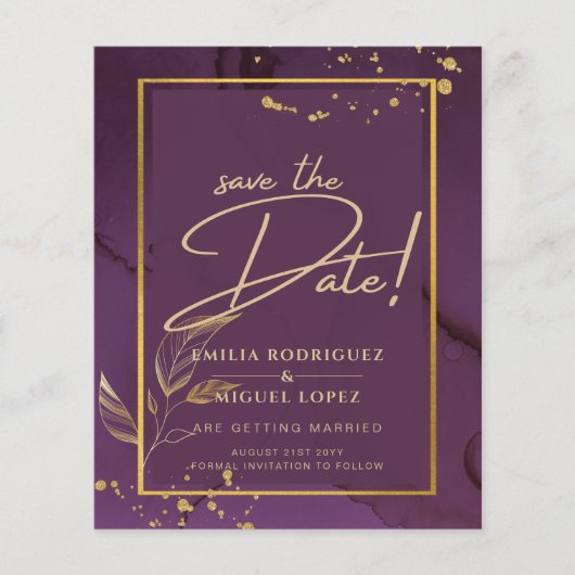 DEEP PURPLE GOUEN BLAADJES Trouw Uitnodiging Flyer (Voorkant)