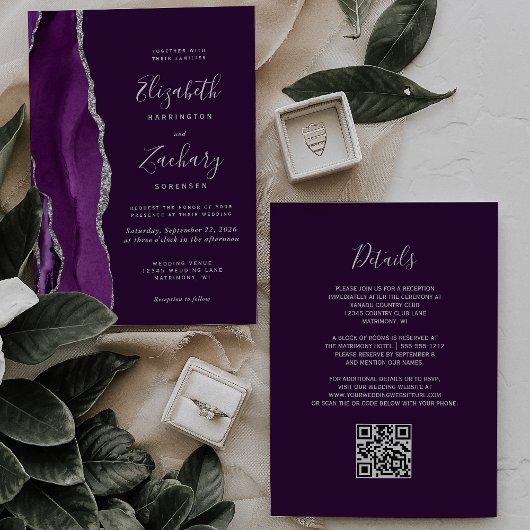 Deep Purple Silver Agate QR Code Wedding Kaart