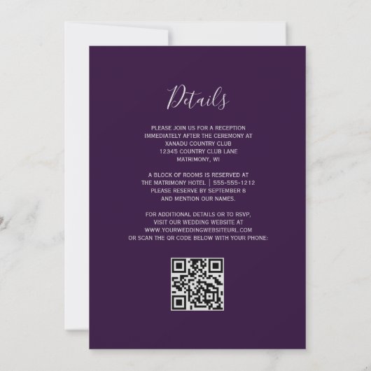 Deep Purple Zilveren Agaten QR Code Huwelijk Kaart (Achterkant)