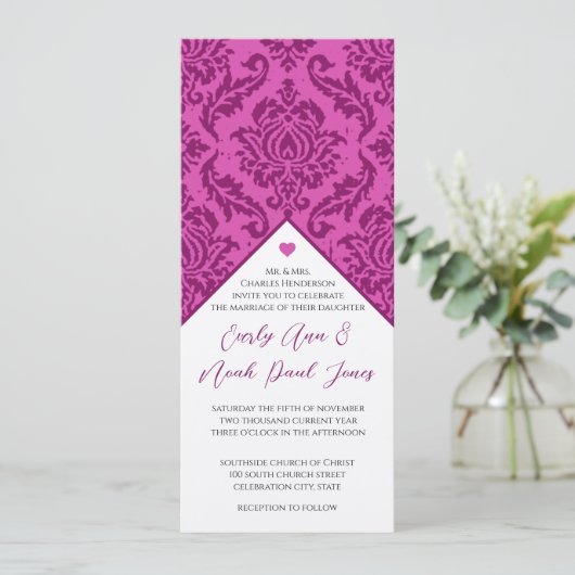 Deep Raspberry Damask wervelingen bruiloft uitnodi Kaart (Staand voorkant)