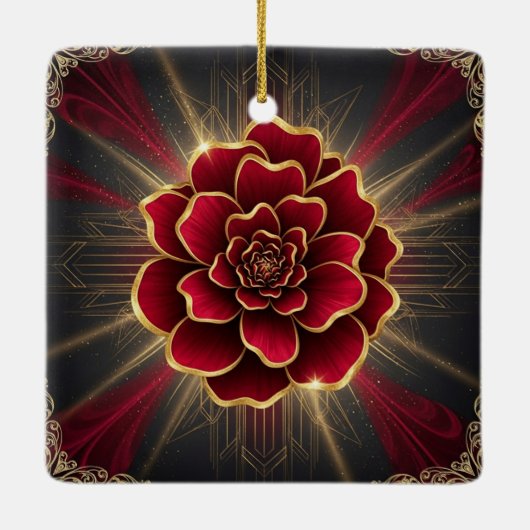 Deep Red Art Deco Flower Ornament with Gold Accent (Achterkant)