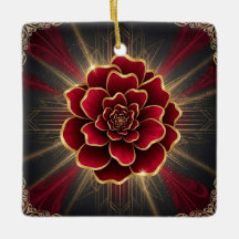 Deep Red Art Deco Flower Ornament with Gold Accent