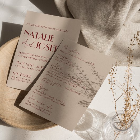 Deep Red Blue All In One Whimsical Modern Wedding Kaart