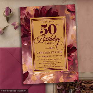 Deep Red Blush Gold Bloemen 50ste Verjaardag Kaart