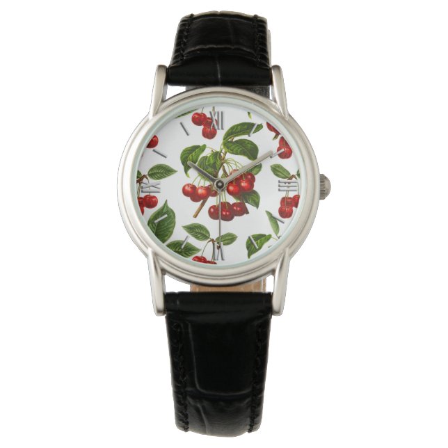 Deep Red Botanical Cherry Pattern Horloge (Voorkant)