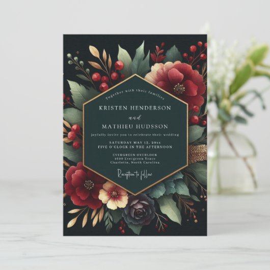 Deep Red Botanical Luxe Wedding Kaart (Staand voorkant)