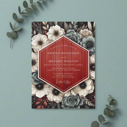 Deep Red Botanical Opulent Wedding Kaart