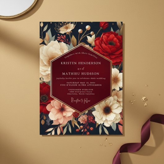 Deep Red Botanical Opulent Wedding Kaart